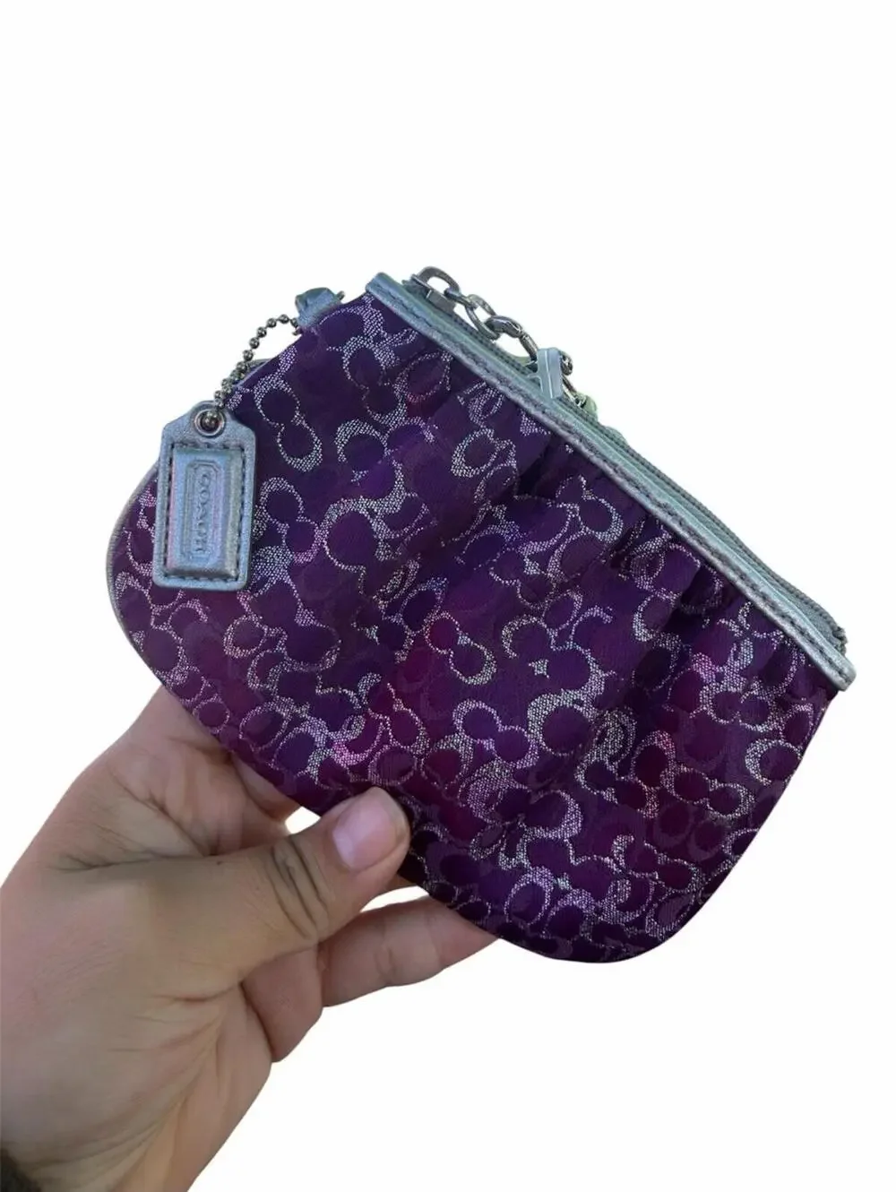 Coach Purple Signature Mini Wristlet Silver Accent